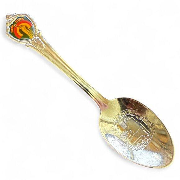 Vintage New York Souvenir Spoon 4.5" Collectible Gold-Tone Statue Of Liberty Des - Picture 1 of 5